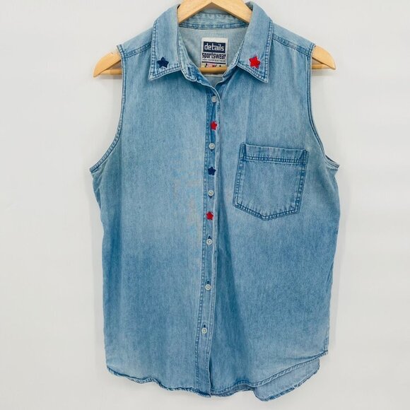 Details Sportswear VTG Denim Collared Star Embroidered Button Down Tank Top - Picture 1 of 4